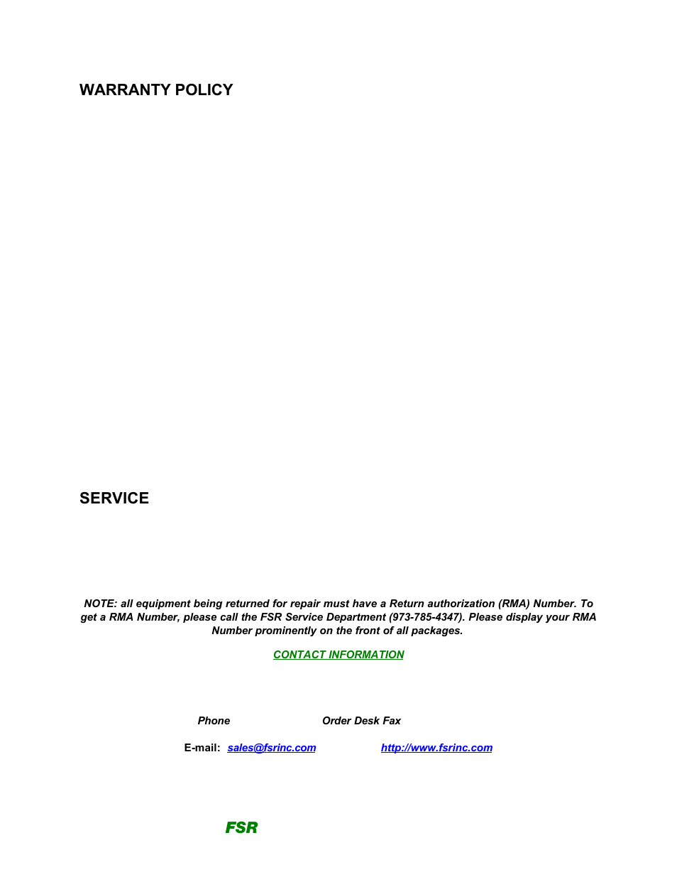 Warranty policy, Service | FSR PTB Series User Manual | Page 6 / 6