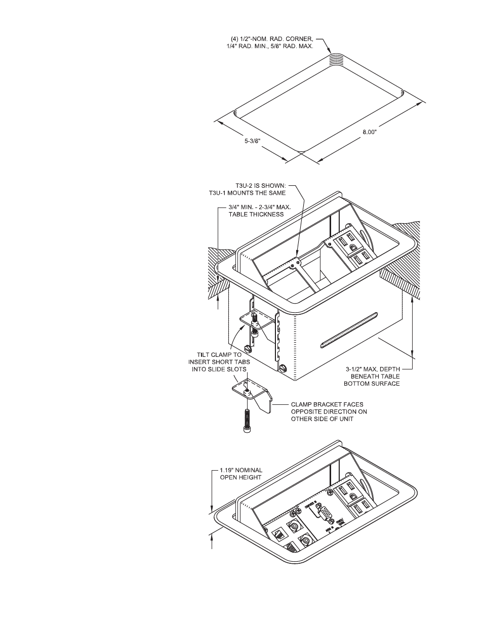 Figure 1- table cutout, Figure 2- chassis mounting, Figure 3- final assembly | FSR T3U Series User Manual | Page 3 / 5