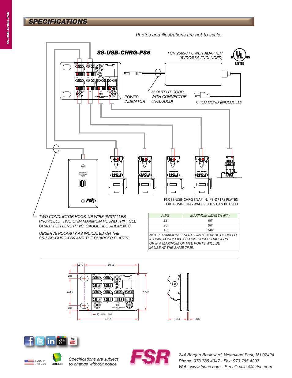 Specifications, Ss-usb-chrg-ps6, Photos and illustrations are not to scale | FSR SS-USB-CHRG-PS6 User Manual | Page 2 / 2