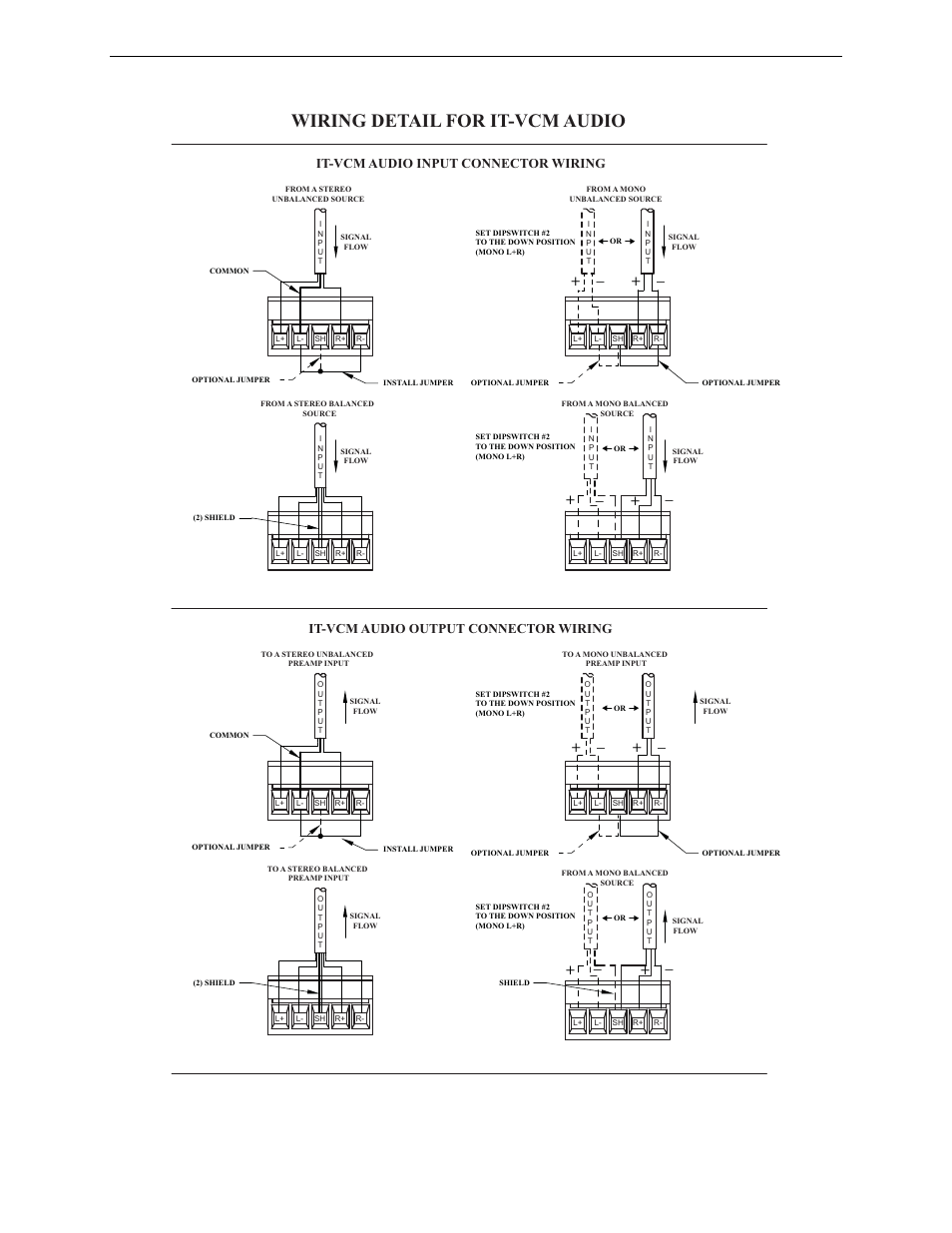 Audio pinout and wiring, Wiring detail for it-vcm audio, It-vcm audio output connector wiring | It-vcm audio input connector wiring | FSR IT-VCM User Manual | Page 9 / 12