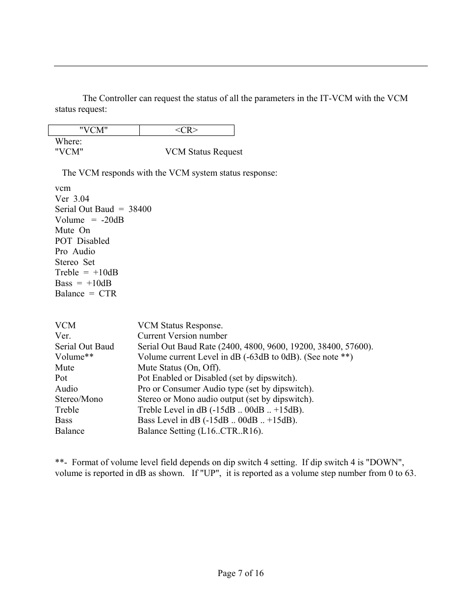 Vcm status request | FSR IT-VCM User Manual | Page 7 / 16