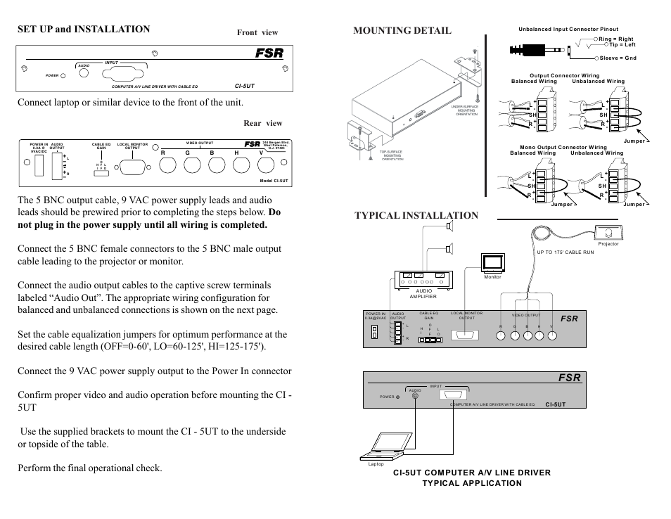Mounting detail typical installation, Front view rear view | FSR CI-5UT User Manual | Page 4 / 4