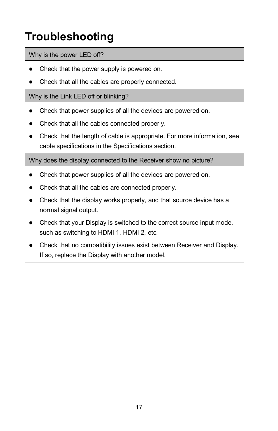 Troubleshooting | FSR HD-H70-SP User Manual | Page 17 / 24