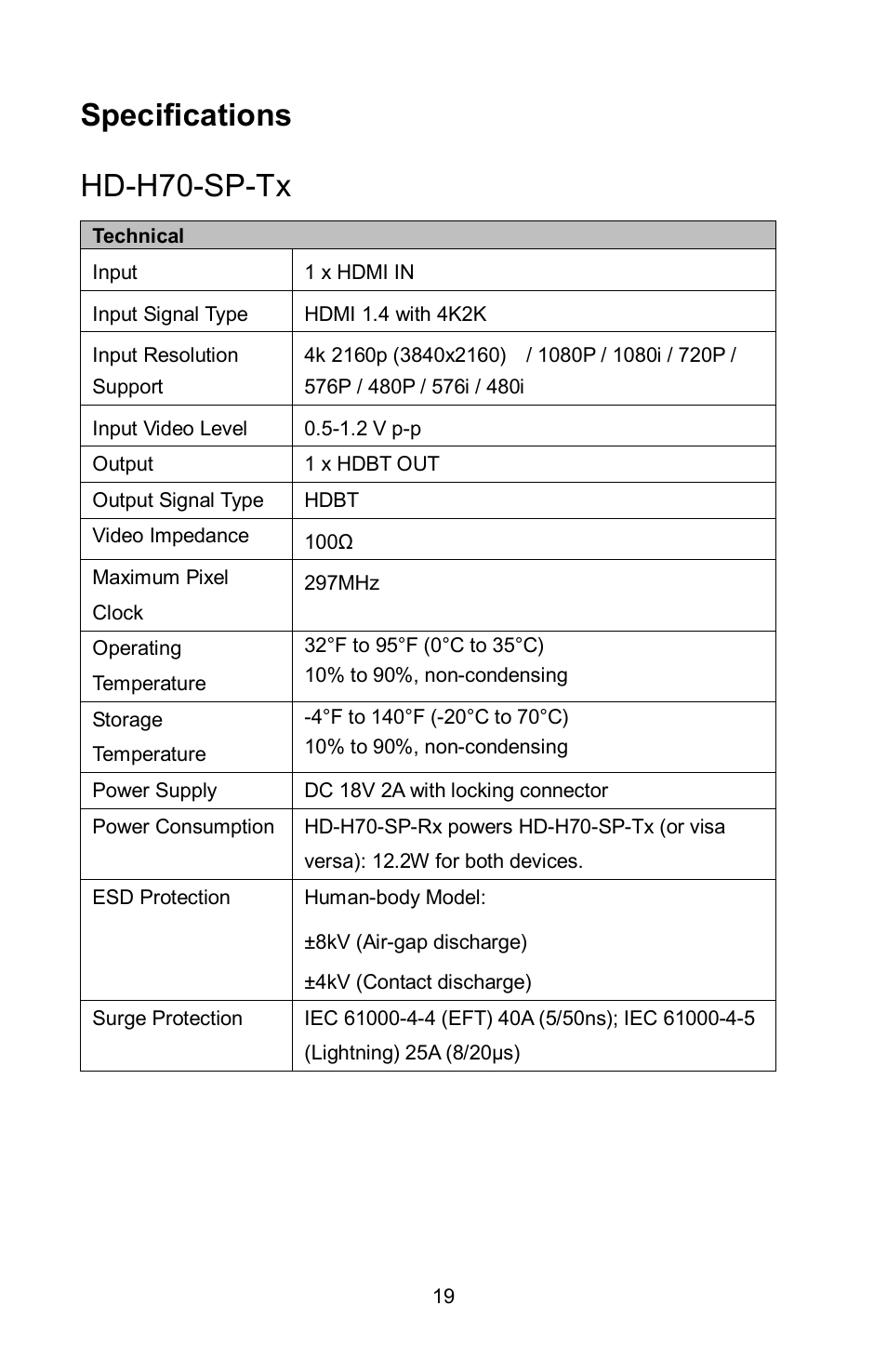 Specifications hd-h70-sp-tx | FSR HD-H70-SP User Manual | Page 19 / 24