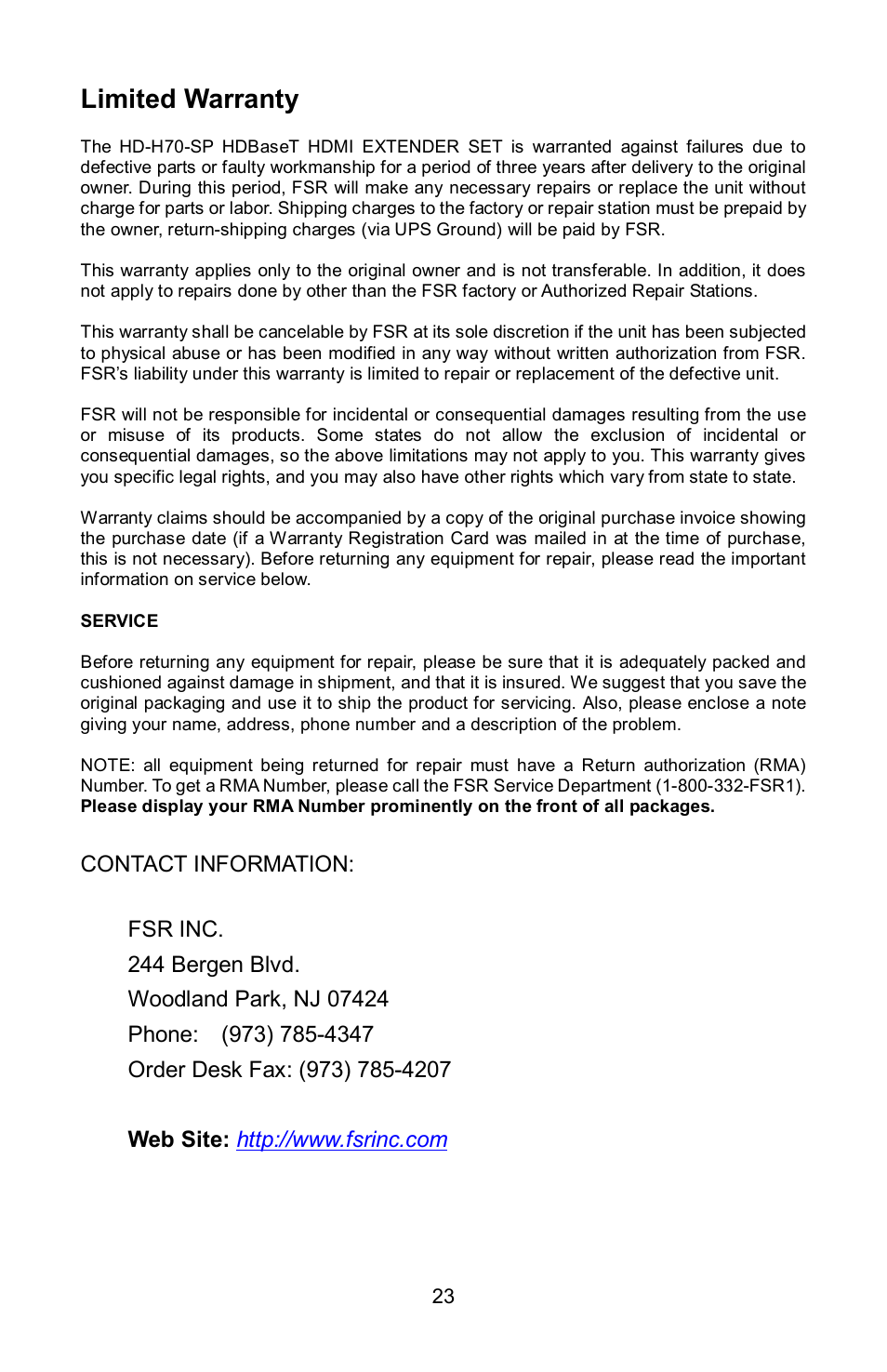 Limited warranty | FSR HD-H70-SP User Manual | Page 23 / 24