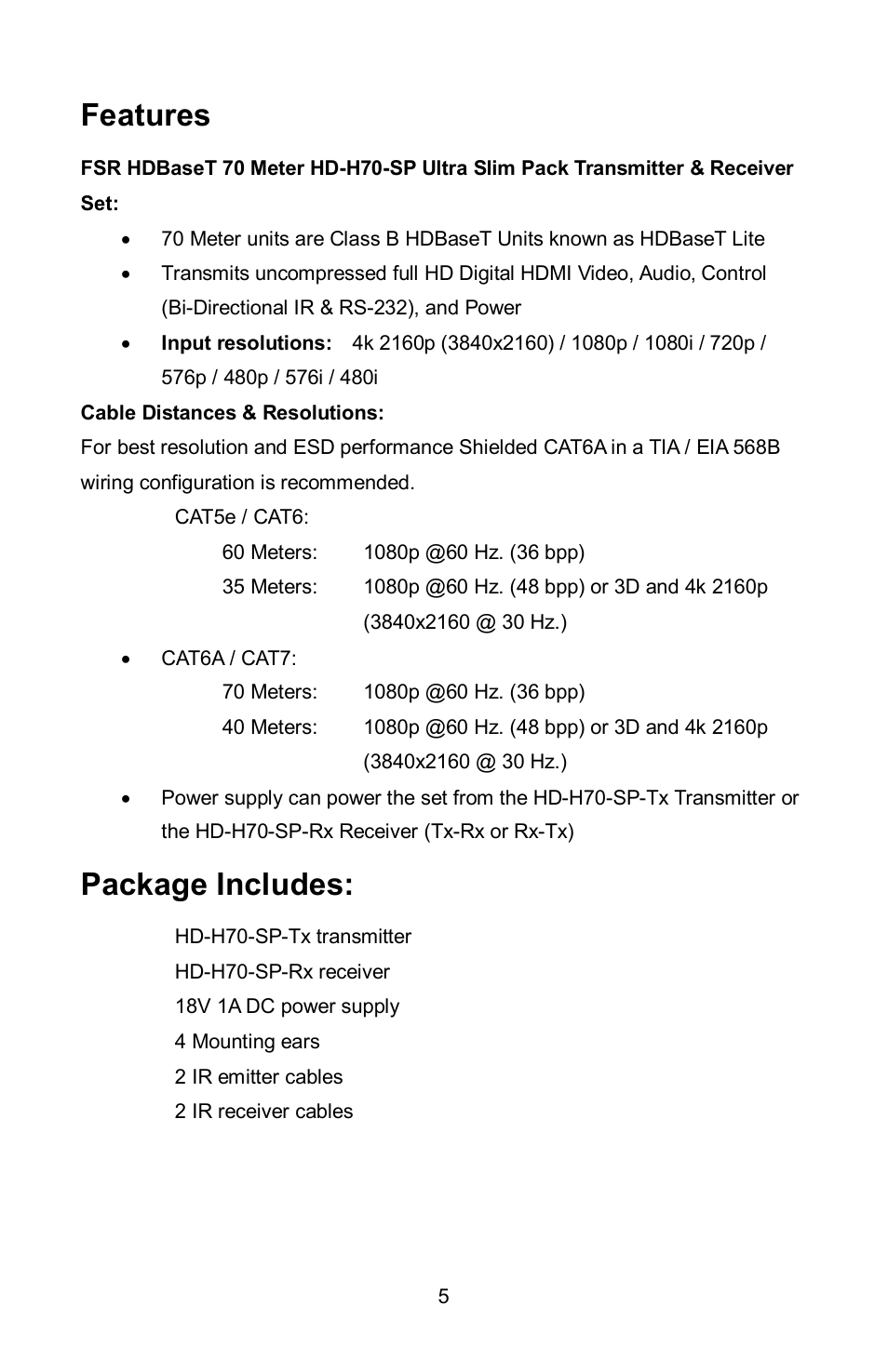 Features, Package includes | FSR HD-H70-SP User Manual | Page 5 / 24