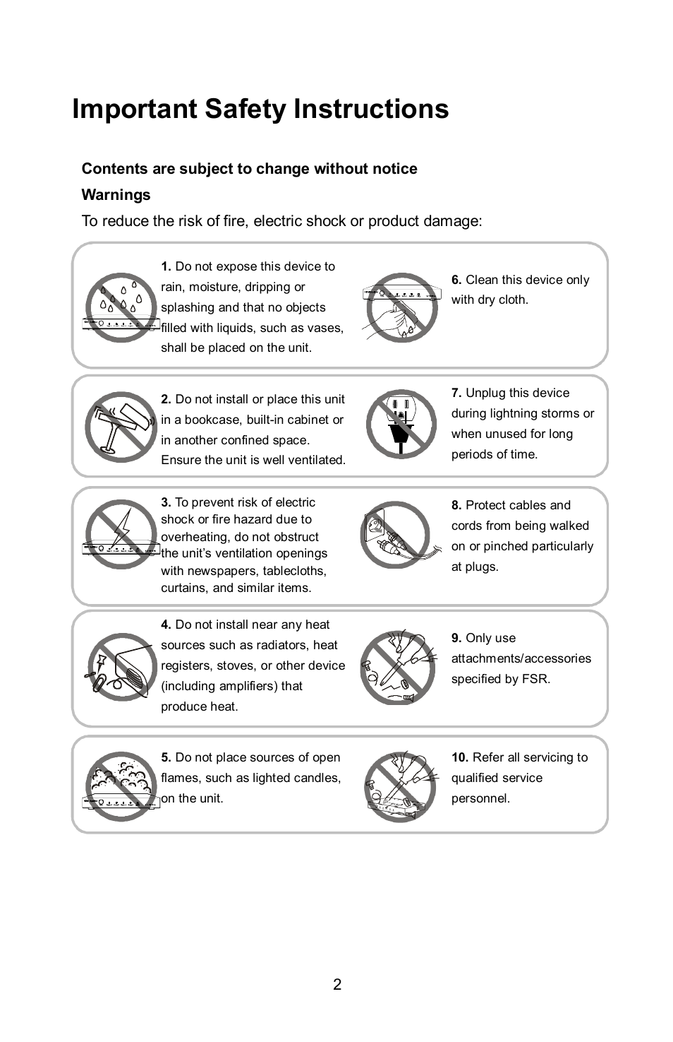 Important safety instructions | FSR HD-HAUD-SP-RX User Manual | Page 2 / 16