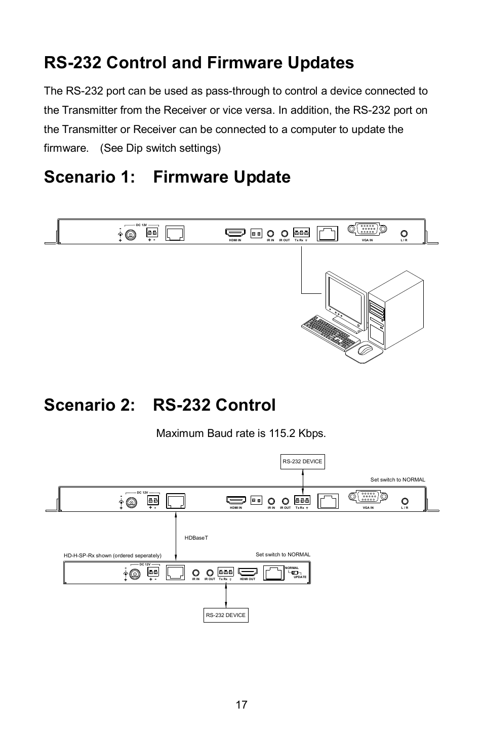 Rs-232 control and firmware updates, Scenario 1: firmware update, Scenario 2: rs-232 control | Maximum baud rate is 115.2 kbps | FSR HD-HPC-SP-Tx User Manual | Page 17 / 20