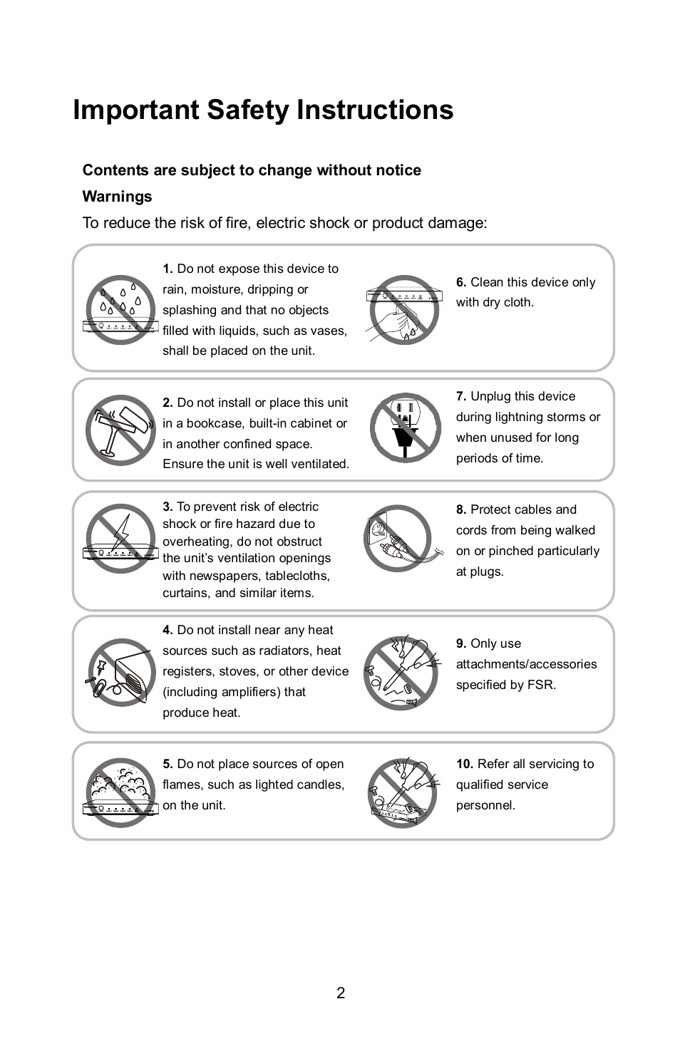 Important safety instructions | FSR HD-HPC-SP-Tx User Manual | Page 2 / 20