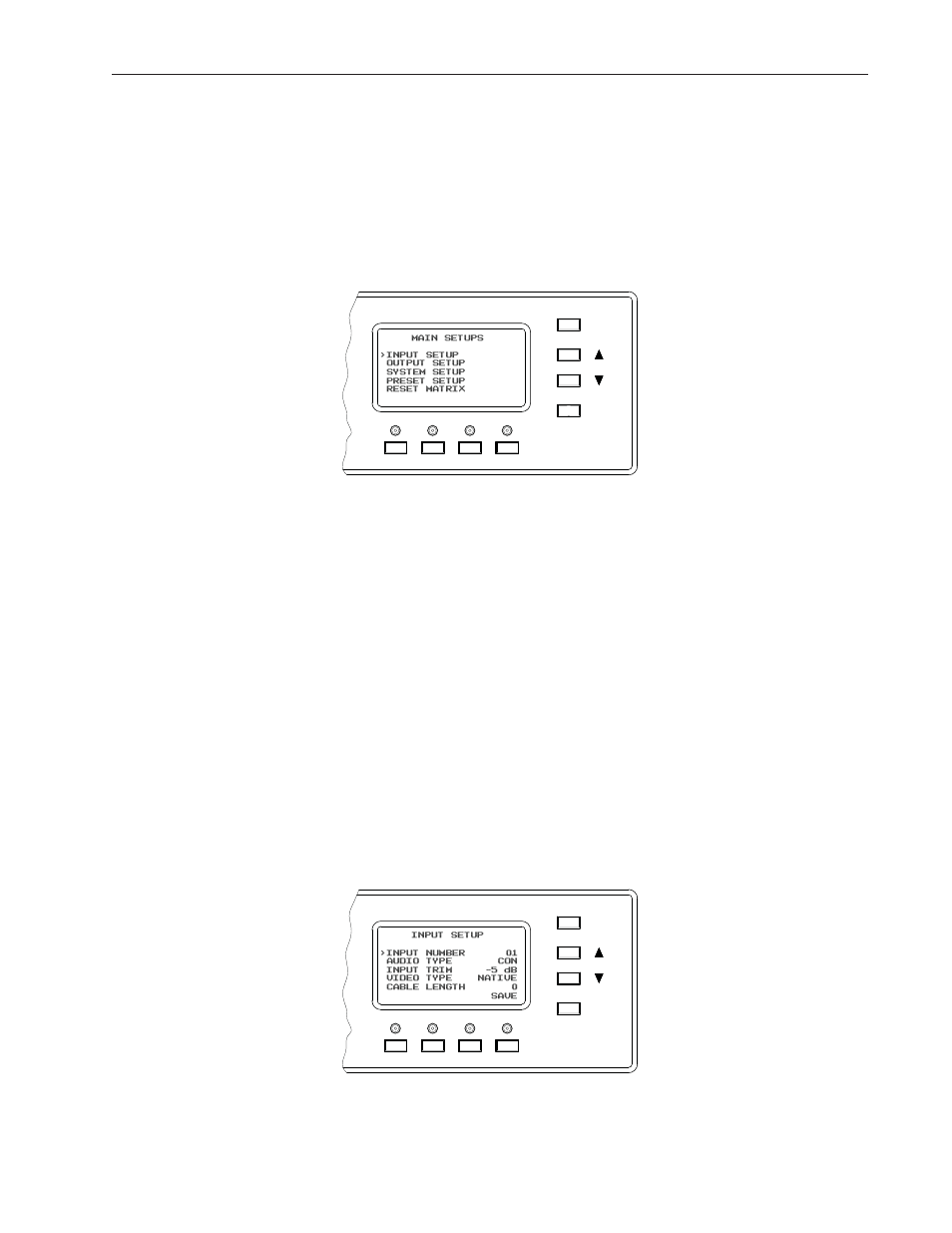 Setup mode, Main setup menu page, Input setup menu page | Pathfi nder matrix 23 | FSR PATHFINDER Covers 12X8 THROUGH 32X32 User Manual | Page 23 / 64