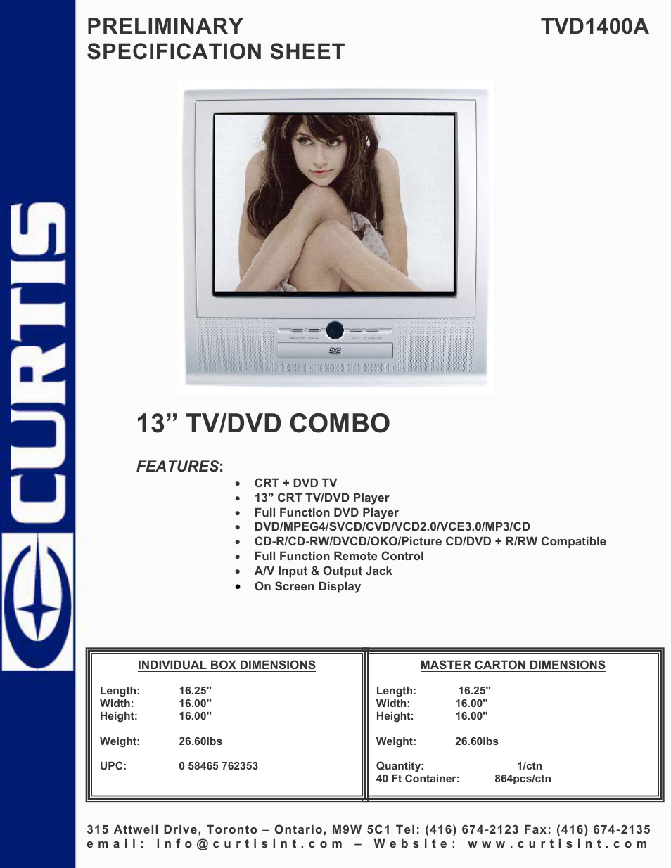 Curtis TVD1400A User Manual | 1 page