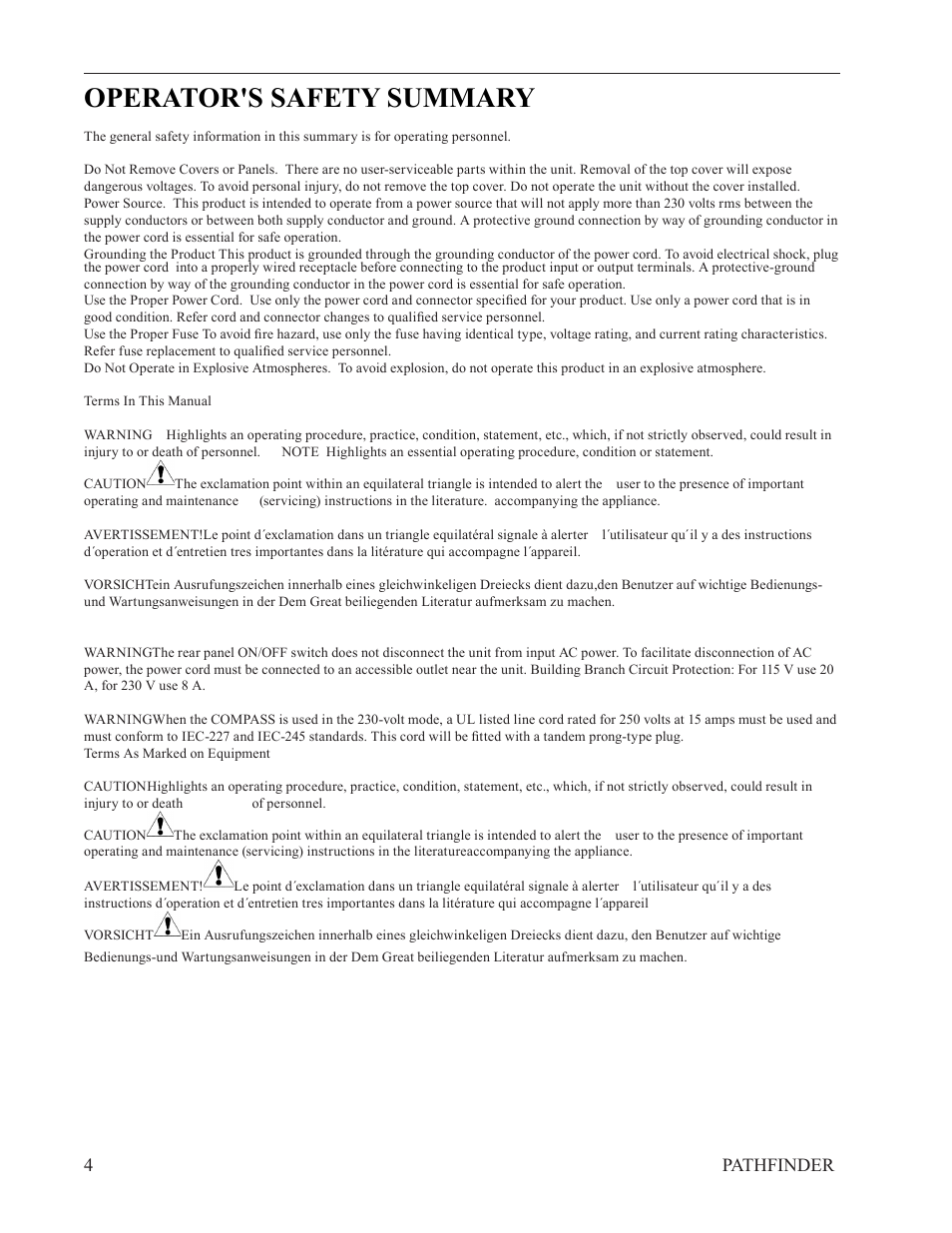 Operator's safety summary | FSR PATHFINDER Covers all PFD-4X4 and PFD-4X2 User Manual | Page 4 / 18