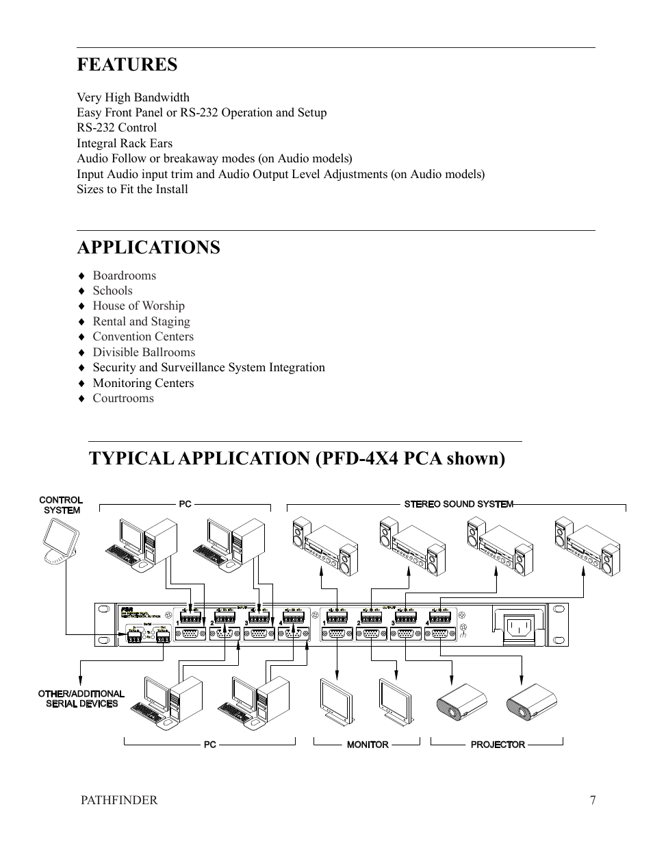 Features, Applications, Typical application (pfd-4x4 pca shown) | Pathfinder 7 | FSR PATHFINDER Covers all PFD-4X4 and PFD-4X2 User Manual | Page 7 / 18