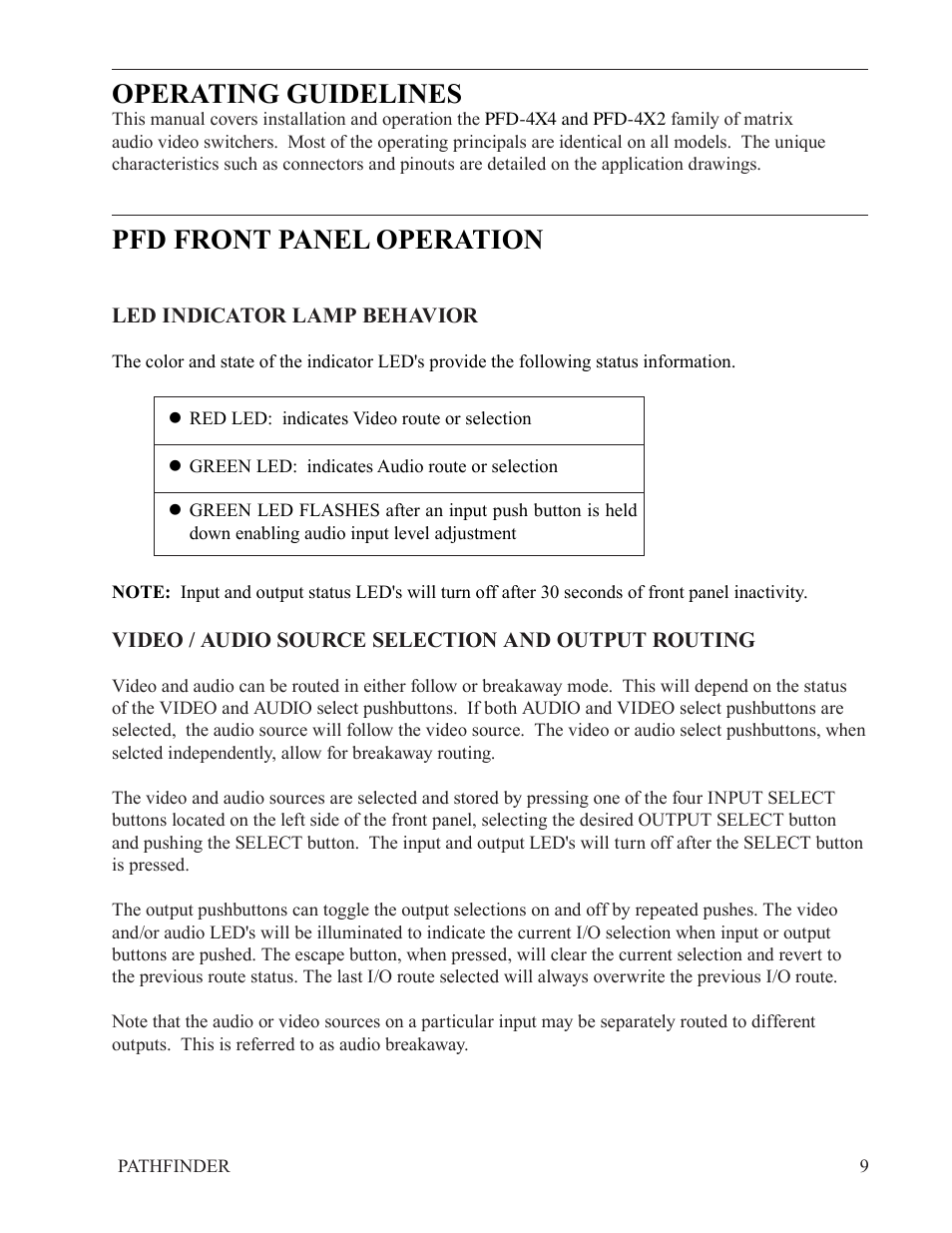 Operating guidelines, Pfd front panel operation | FSR PATHFINDER Covers all PFD-4X4 and PFD-4X2 User Manual | Page 9 / 18