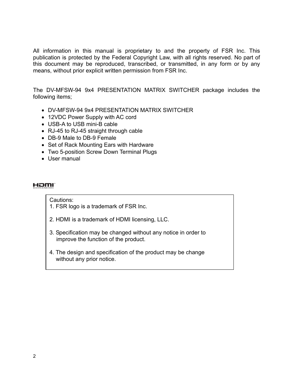 FSR DV-MFSW-94 User Manual | Page 2 / 27