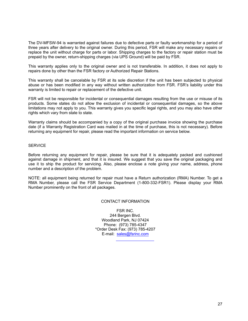 9 limited warranty | FSR DV-MFSW-94 User Manual | Page 27 / 27