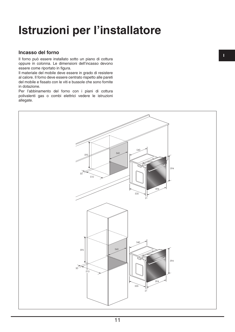 Istruzioni per l’installatore, Incasso del forno | Fulgor Milano QO 6009 PT User Manual | Page 11 / 64