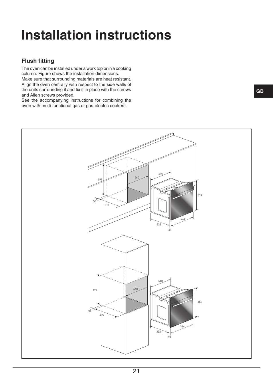 Installation instructions, Flush ﬁtting | Fulgor Milano QO 6009 PT User Manual | Page 21 / 64