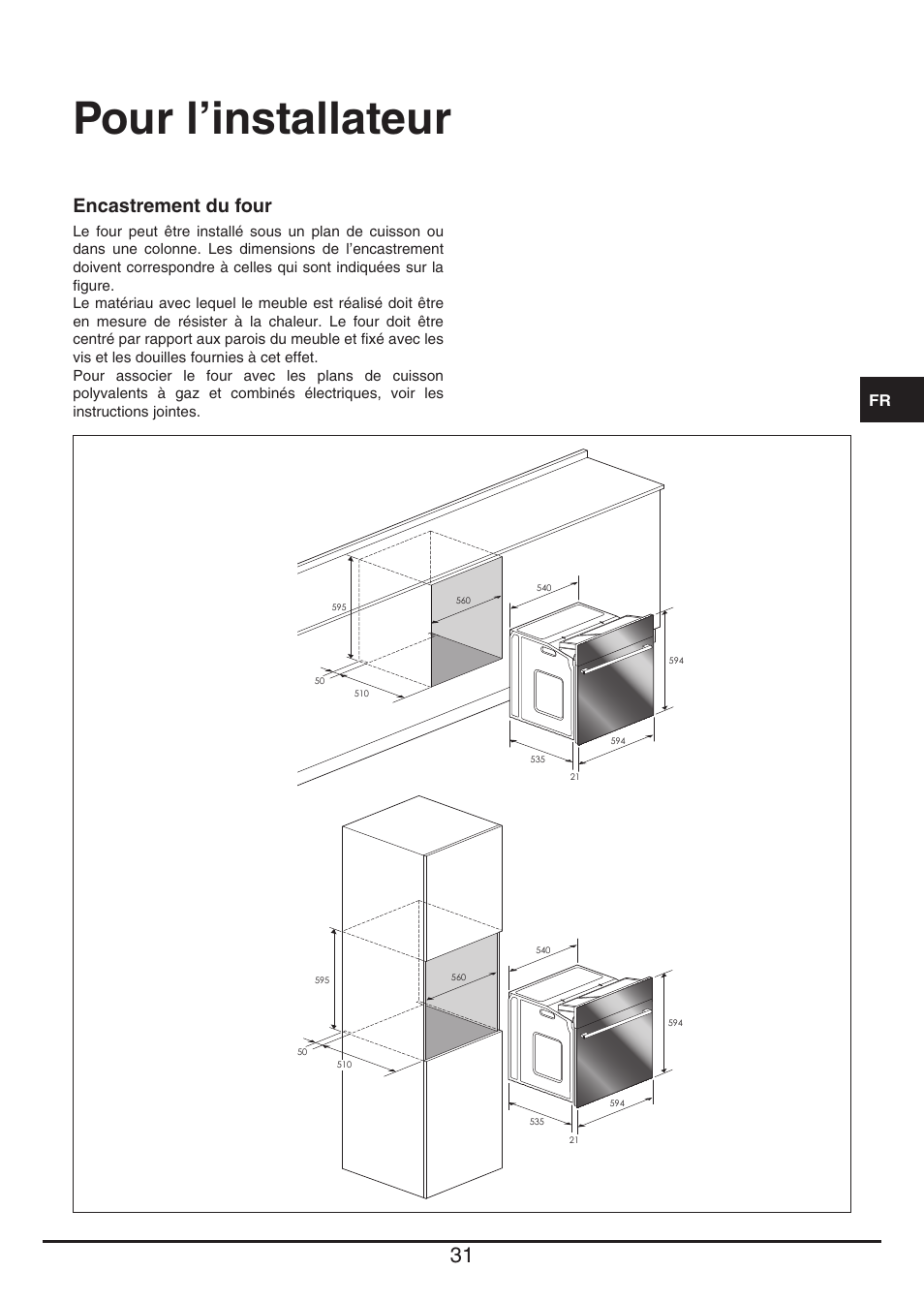 Pour l’installateur, Encastrement du four | Fulgor Milano QO 6009 PT User Manual | Page 31 / 64