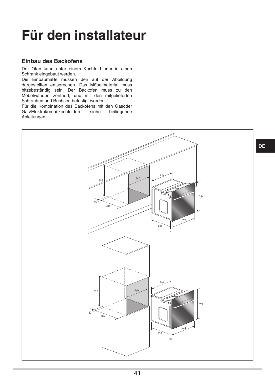 Für den installateur, Einbau des backofens | Fulgor Milano QO 6009 PT User Manual | Page 41 / 64