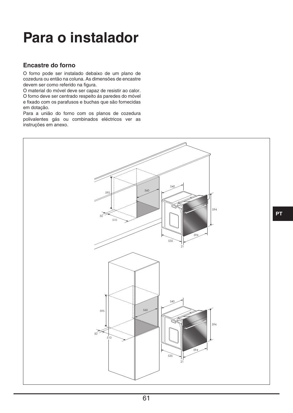 Para o instalador, Encastre do forno | Fulgor Milano QO 6009 PT User Manual | Page 61 / 64