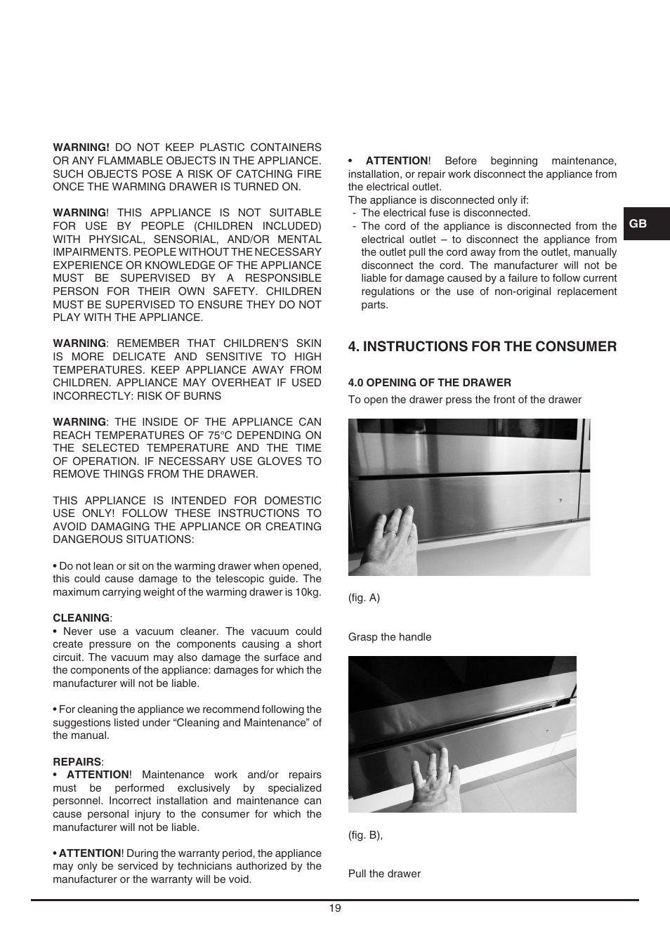 Instructions for the consumer | Fulgor Milano LWD 12 User Manual | Page 19 / 84