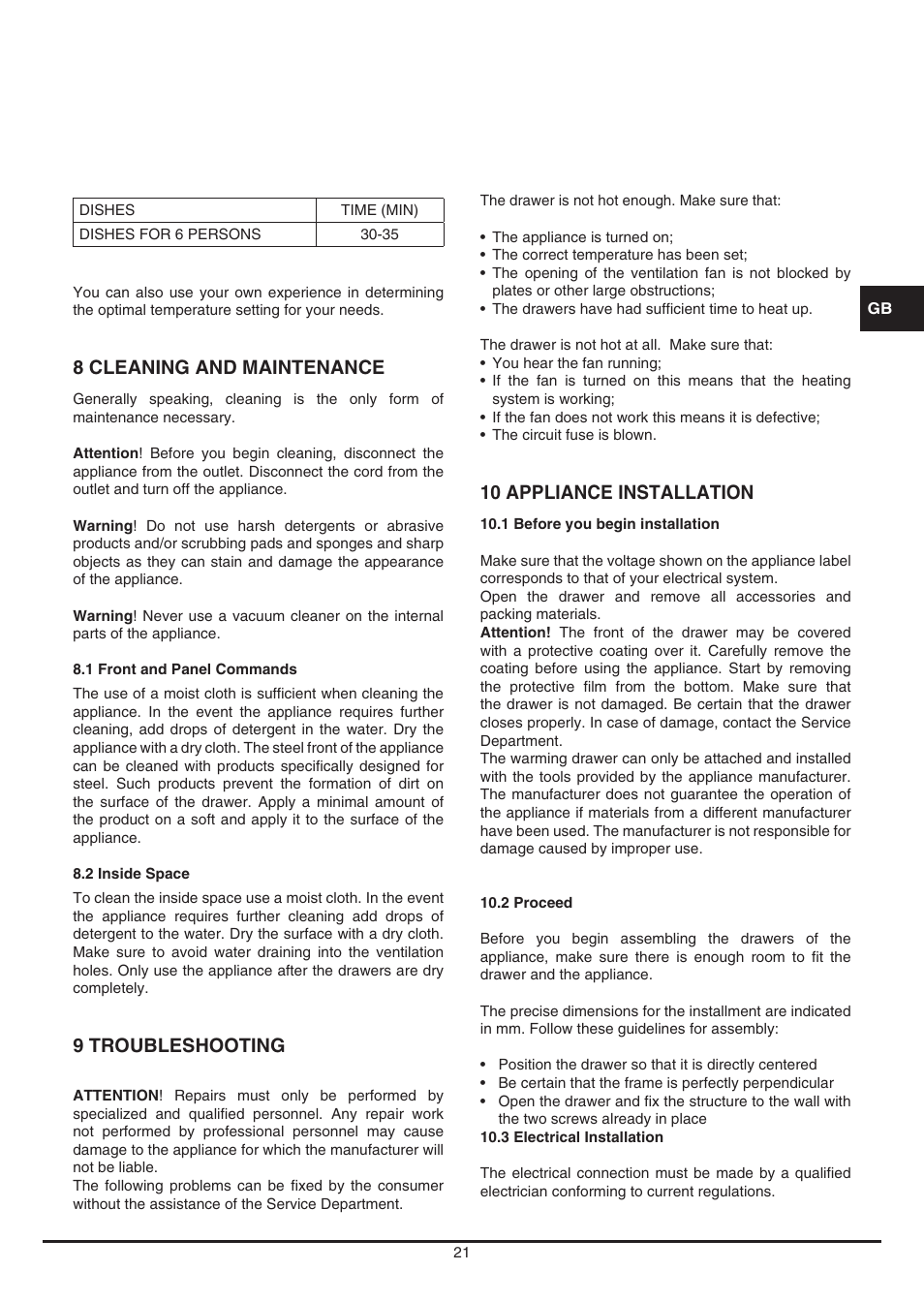 8 cleaning and maintenance, 9 troubleshooting, 10 appliance installation | Fulgor Milano LWD 12 User Manual | Page 21 / 84