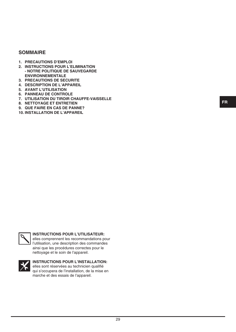 Sommaire | Fulgor Milano LWD 12 User Manual | Page 29 / 84