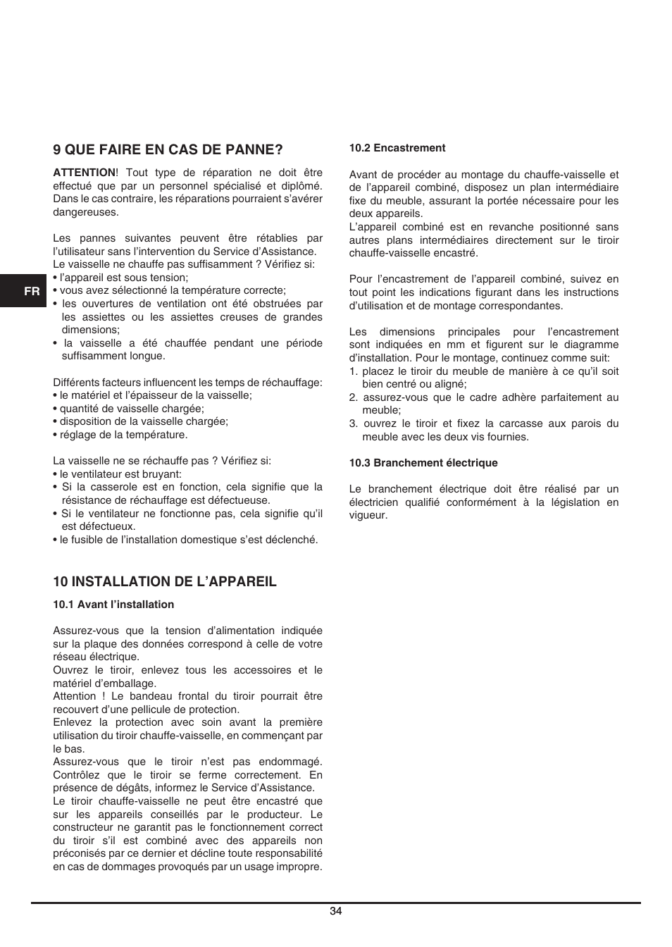 9 que faire en cas de panne, 10 installation de l’appareil | Fulgor Milano LWD 12 User Manual | Page 34 / 84