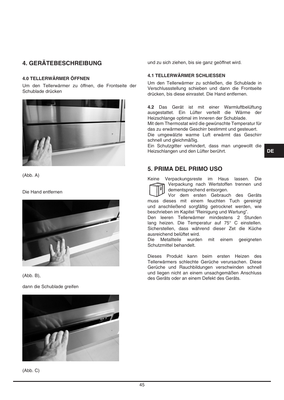 Gerätebeschreibung, Prima del primo uso | Fulgor Milano LWD 12 User Manual | Page 45 / 84