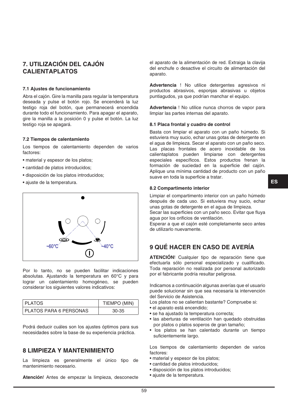 Utilización del cajón calientaplatos, 8 limpieza y mantenimiento, 9 qué hacer en caso de avería | Fulgor Milano LWD 12 User Manual | Page 59 / 84