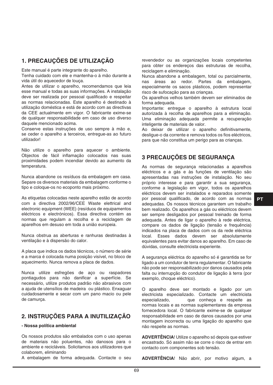 Precauções de utilização, Instruções para a inutilização, 3 precauções de segurança | Fulgor Milano LWD 12 User Manual | Page 69 / 84