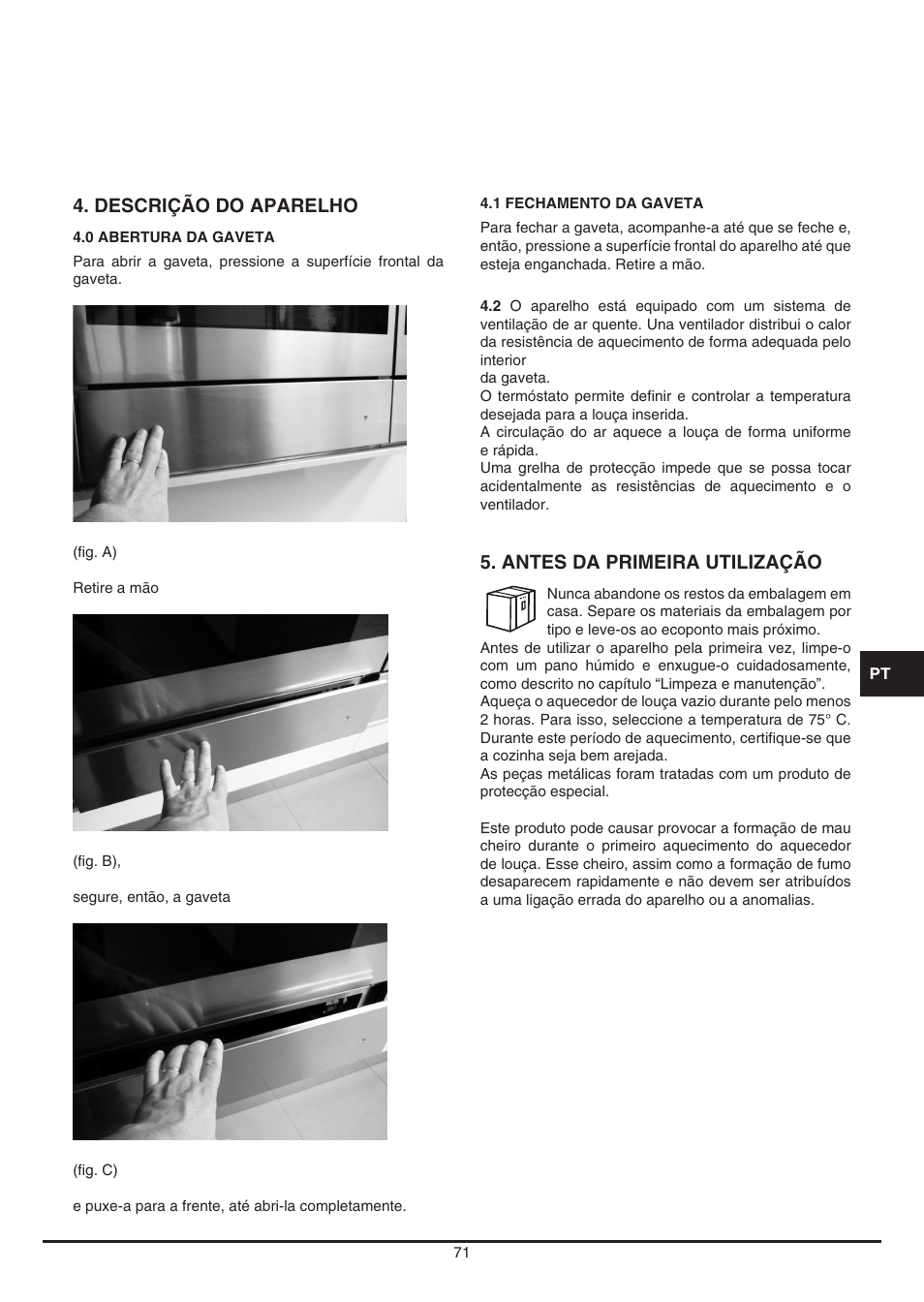 Descrição do aparelho, Antes da primeira utilização | Fulgor Milano LWD 12 User Manual | Page 71 / 84