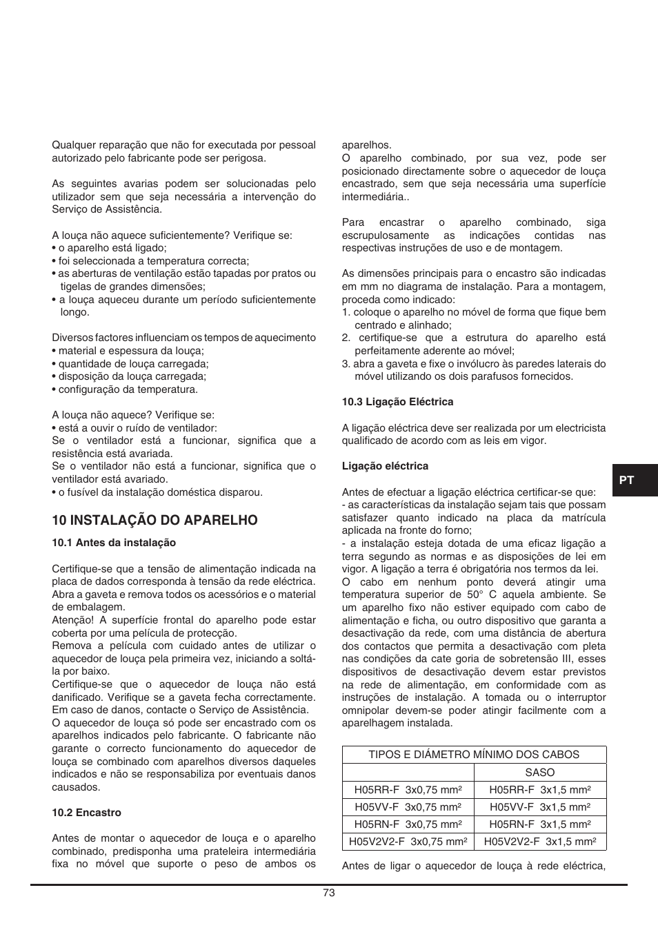 10 instalação do aparelho | Fulgor Milano LWD 12 User Manual | Page 73 / 84