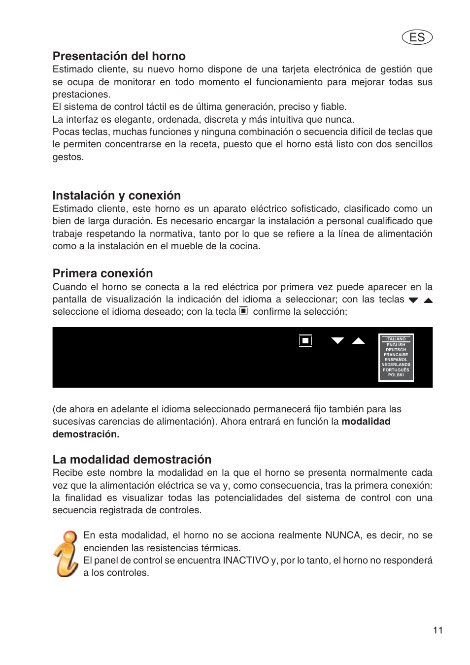 Presentación del horno, Instalación y conexión, Primera conexión | La modalidad demostración | Fulgor Milano SPO 6213 User Manual | Page 127 / 270