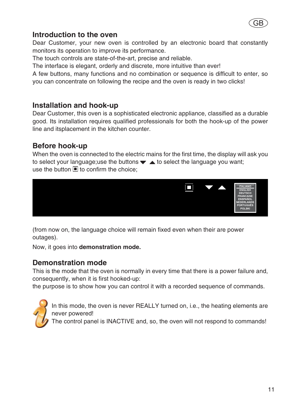 Introduction to the oven, Installation and hook-up, Before hook-up | Demonstration mode | Fulgor Milano SPO 6213 User Manual | Page 13 / 270