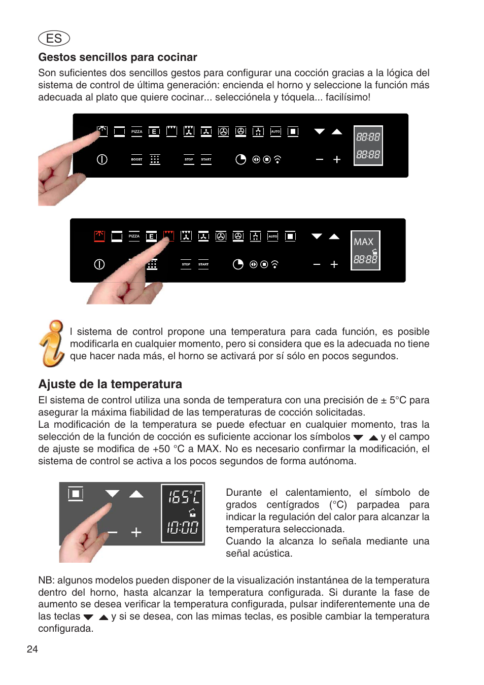 Ajuste de la temperatura, Gestos sencillos para cocinar | Fulgor Milano SPO 6213 User Manual | Page 140 / 270