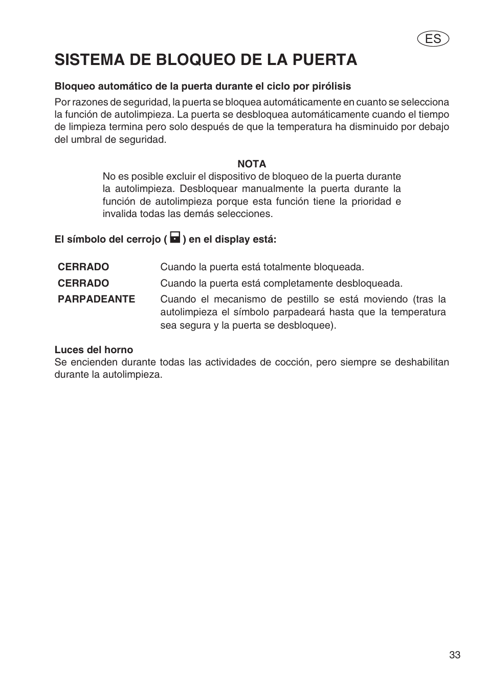 Sistema de bloqueo de la puerta | Fulgor Milano SPO 6213 User Manual | Page 149 / 270