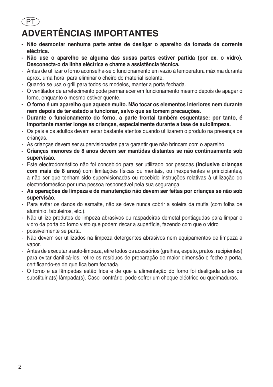 Advertências importantes | Fulgor Milano SPO 6213 User Manual | Page 194 / 270