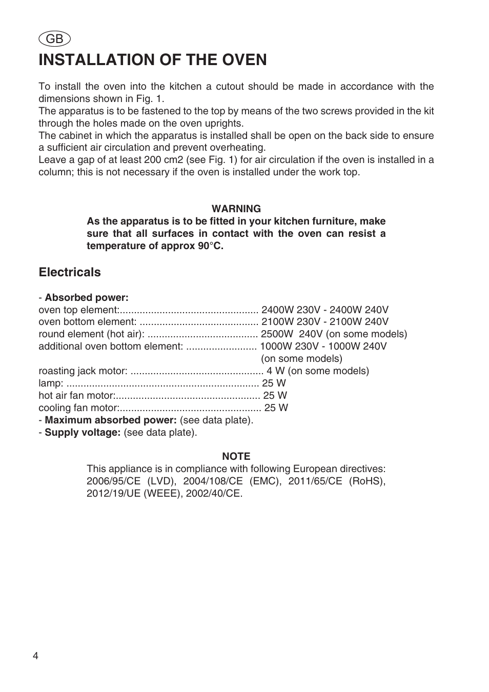 Installation of the oven | Fulgor Milano SPO 6213 User Manual | Page 6 / 270