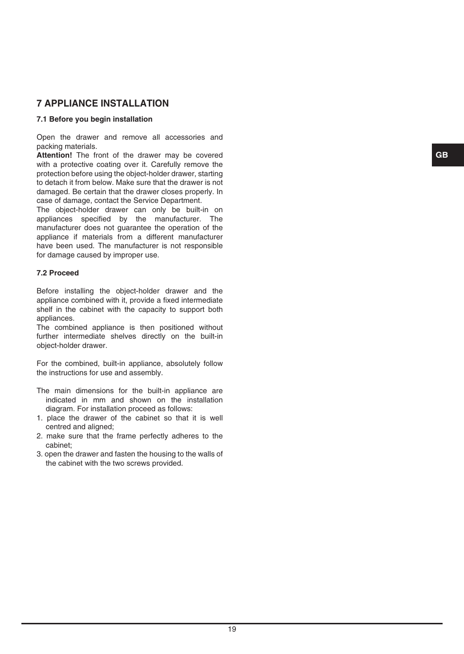 7 appliance installation | Fulgor Milano LD 12 User Manual | Page 19 / 76