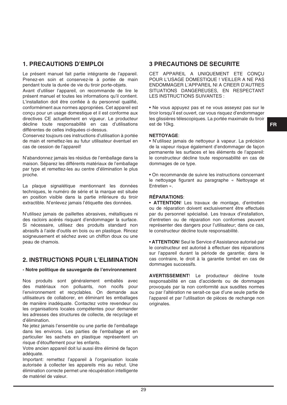 Precautions d’emploi, Instructions pour l’elimination, 3 precautions de securite | Fulgor Milano LD 12 User Manual | Page 29 / 76