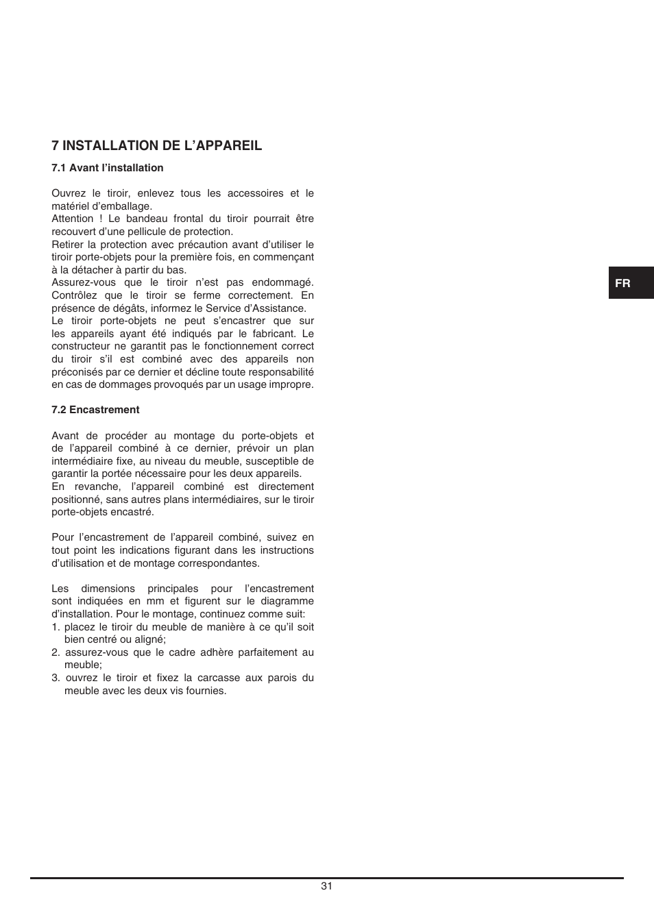 7 installation de l’appareil | Fulgor Milano LD 12 User Manual | Page 31 / 76