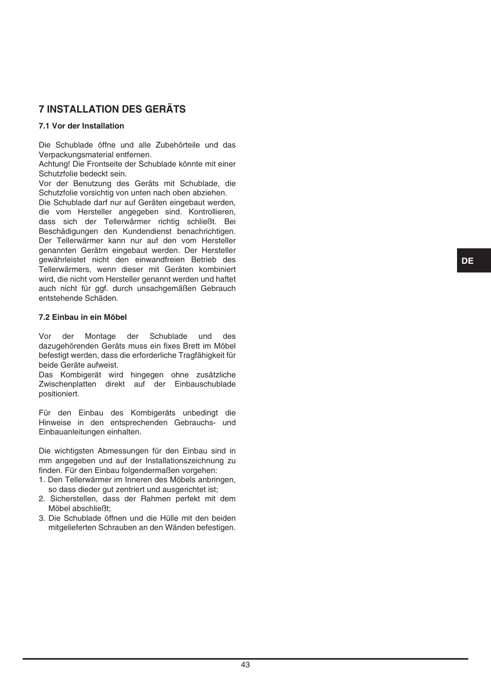 7 installation des geräts | Fulgor Milano LD 12 User Manual | Page 43 / 76