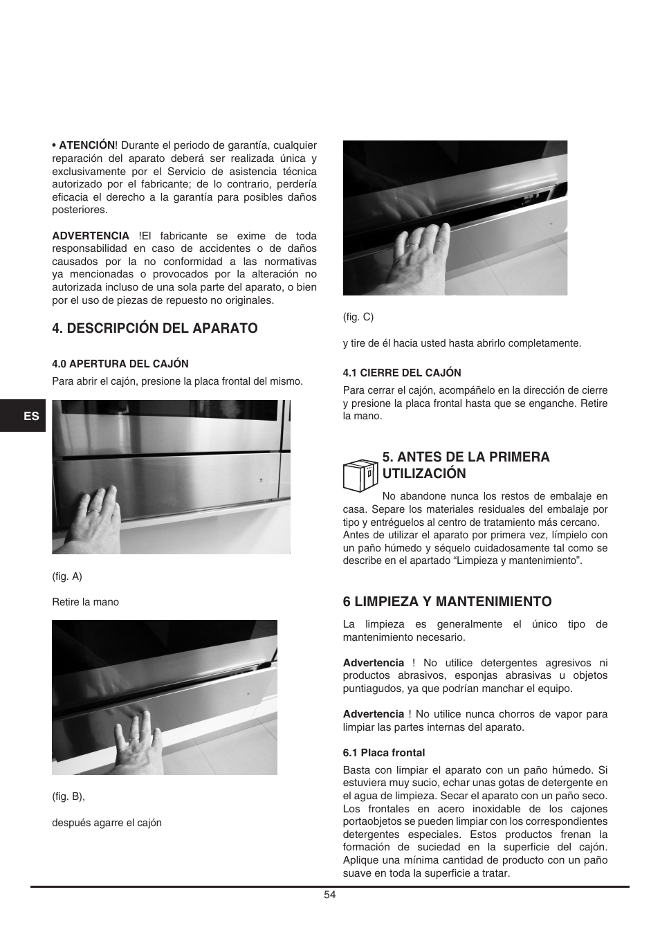 Descripción del aparato, Antes de la primera utilización, 6 limpieza y mantenimiento | Fulgor Milano LD 12 User Manual | Page 54 / 76