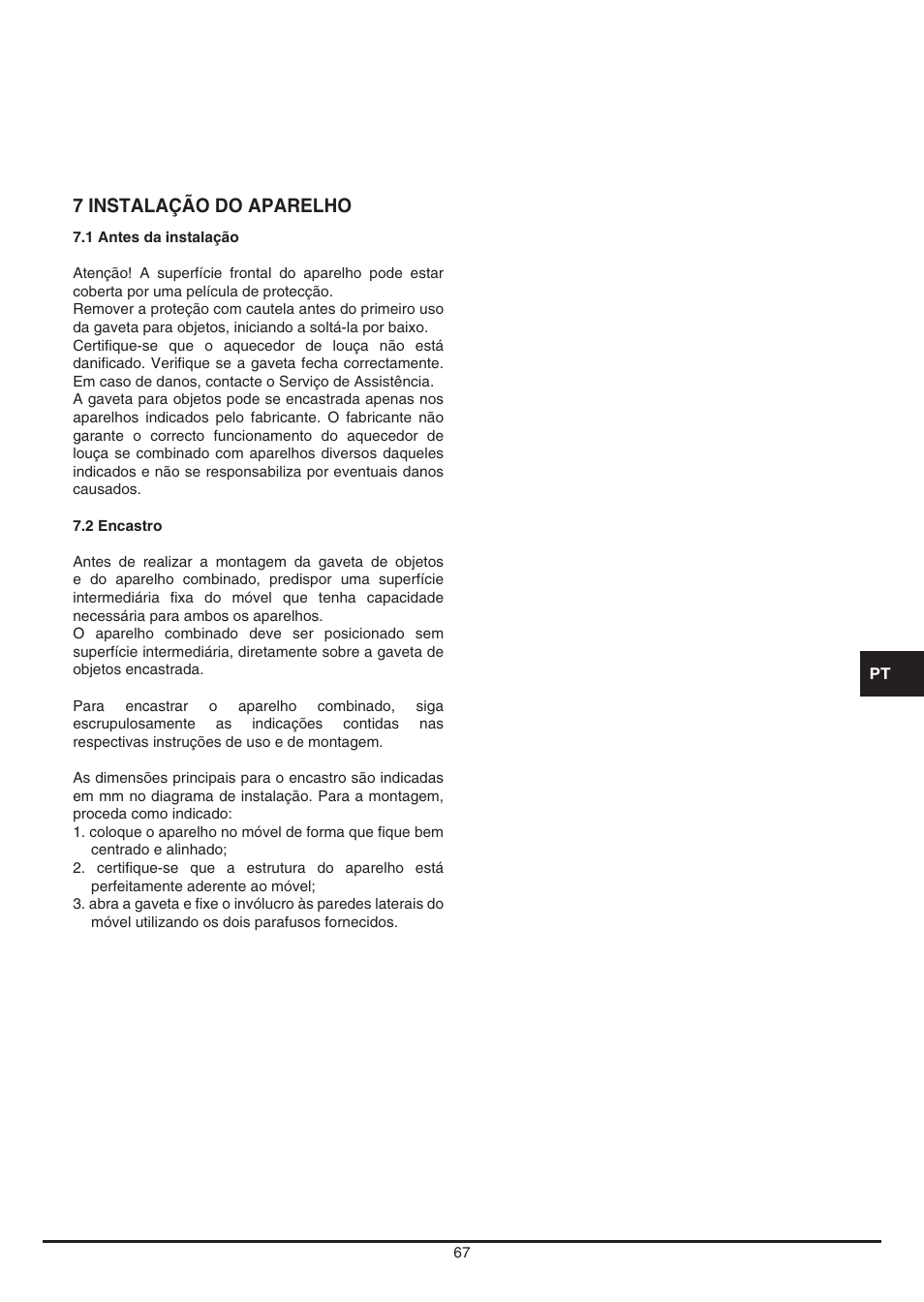 7 instalação do aparelho | Fulgor Milano LD 12 User Manual | Page 67 / 76