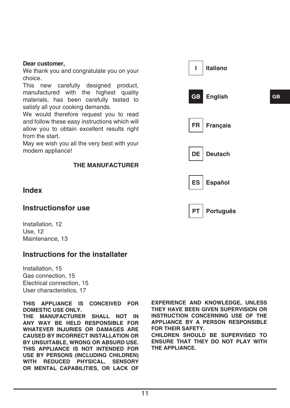 Index instructionsfor use, Instructions for the installater | Fulgor Milano LH 604 G WK User Manual | Page 11 / 52