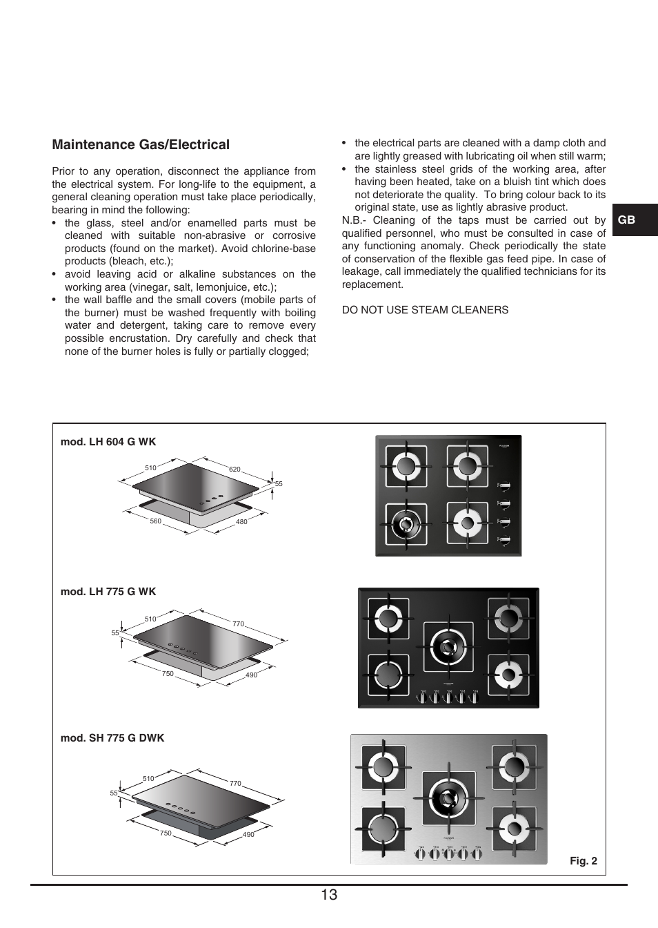 Maintenance gas/electrical | Fulgor Milano LH 604 G WK User Manual | Page 13 / 52