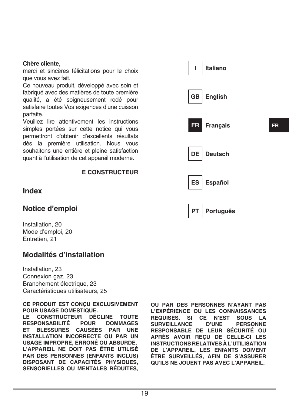 Index notice d’emploi, Modalités d’installation | Fulgor Milano LH 604 G WK User Manual | Page 19 / 52