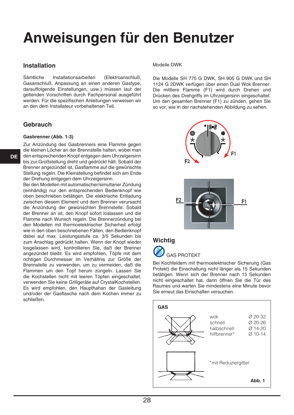 Anweisungen für den benutzer | Fulgor Milano LH 604 G WK User Manual | Page 28 / 52